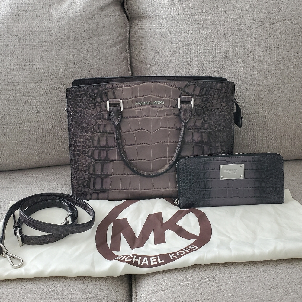 Michael Kors Selma Gray Croc Embossed Leather Satchel AND Wallet INCLUDED